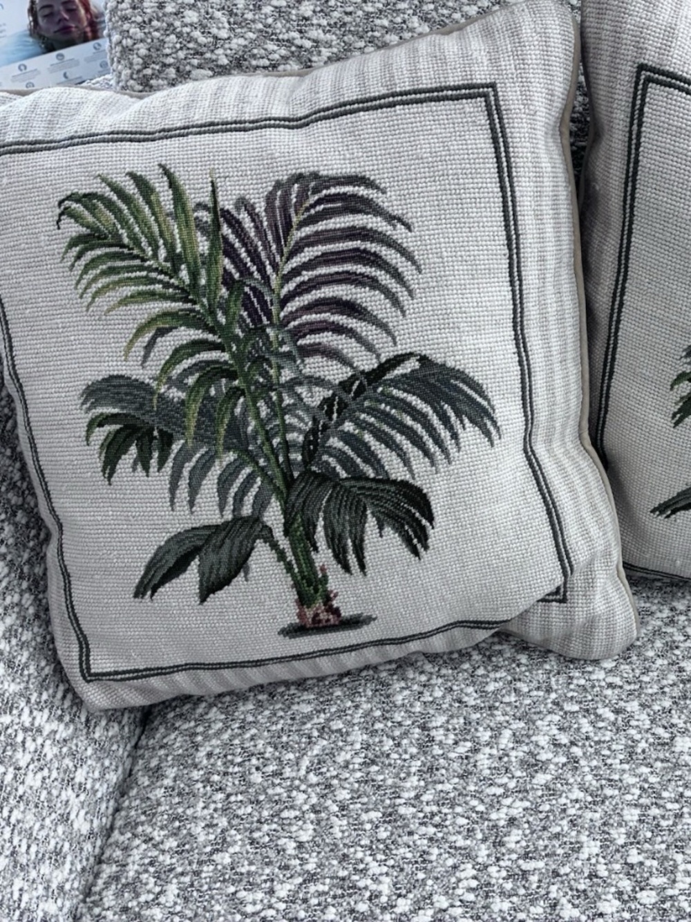 2 WAVERLY PALM TREE NEEDLEPOINT 15" THROW PILLOWS Tropical, Coastal,Beach Decor